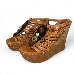 Vintage Y2K Leather Rhinestone Platform Wedge Sandals – Cork Heel – Size 6.5